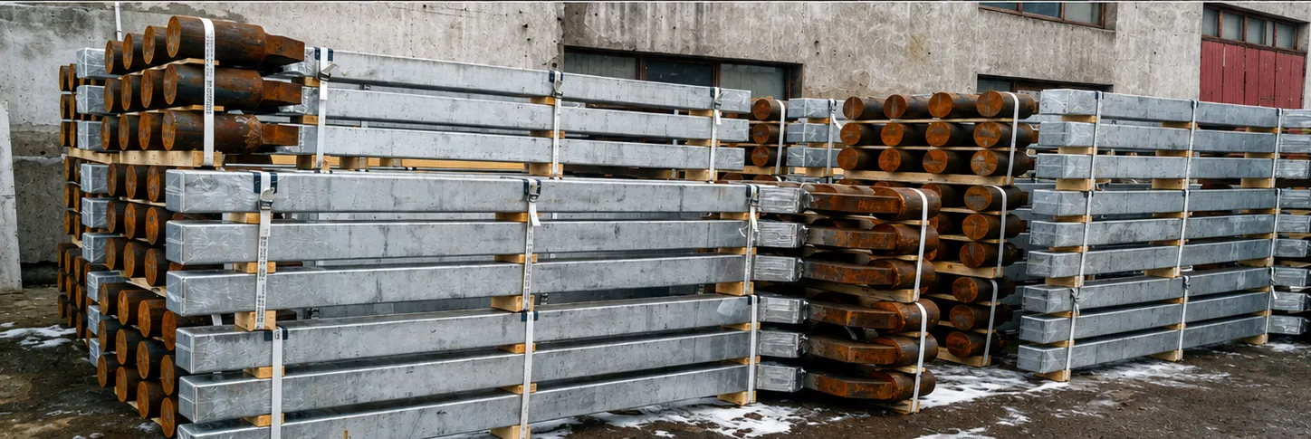 Galvanised anode hanger frames and rods stacked on pallets outside the workshop