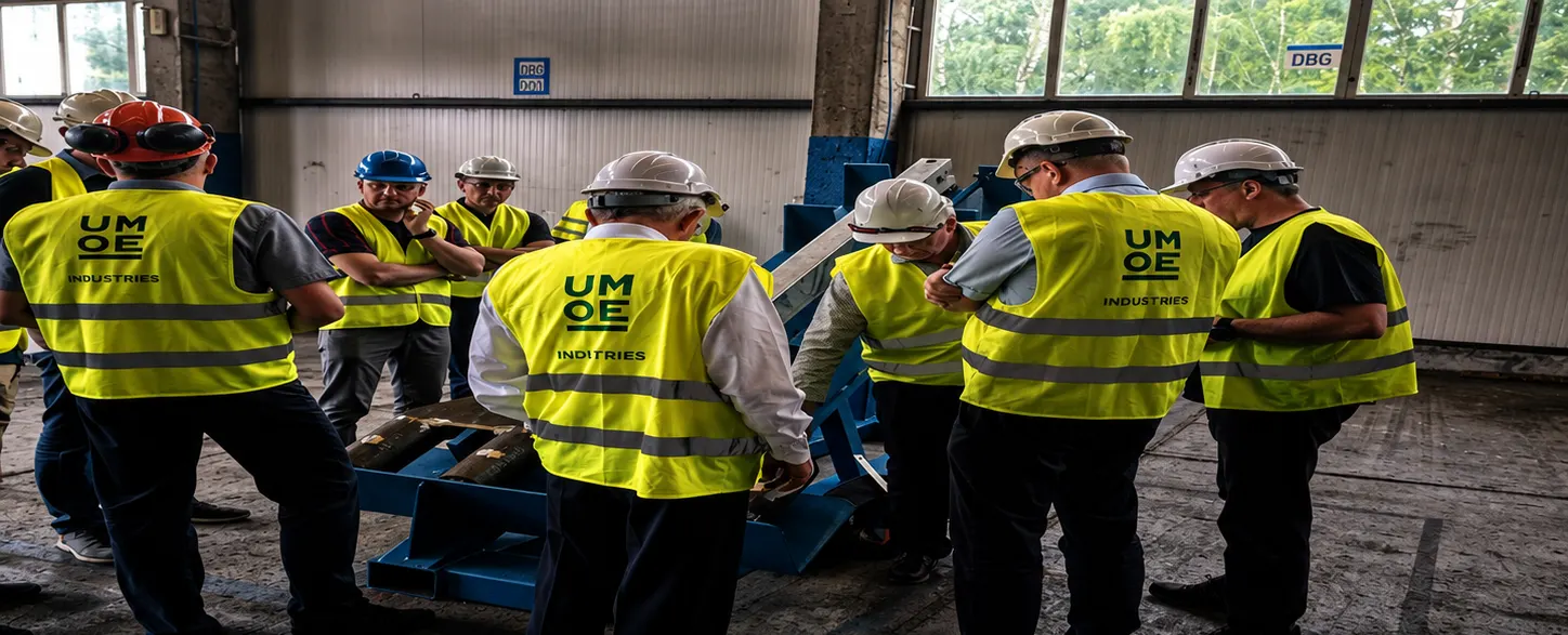 Umoe Industries team reviewing an anode hanger fixture during a workshop walkthrough
