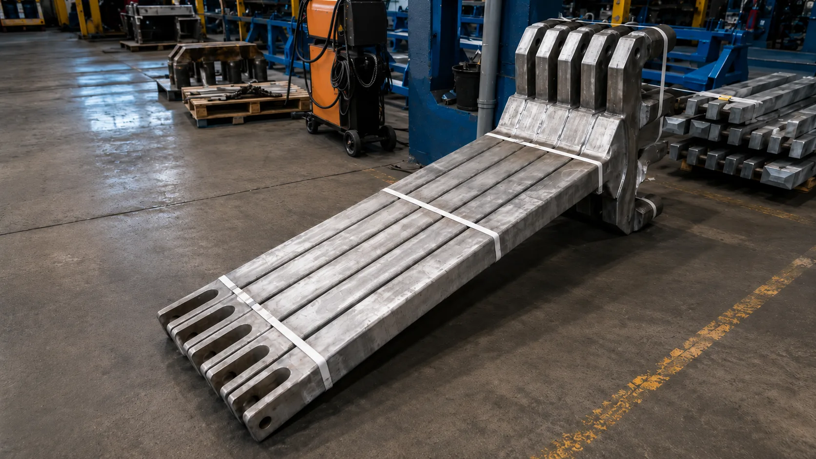 Anode hangers and rods bundled on workshop floor