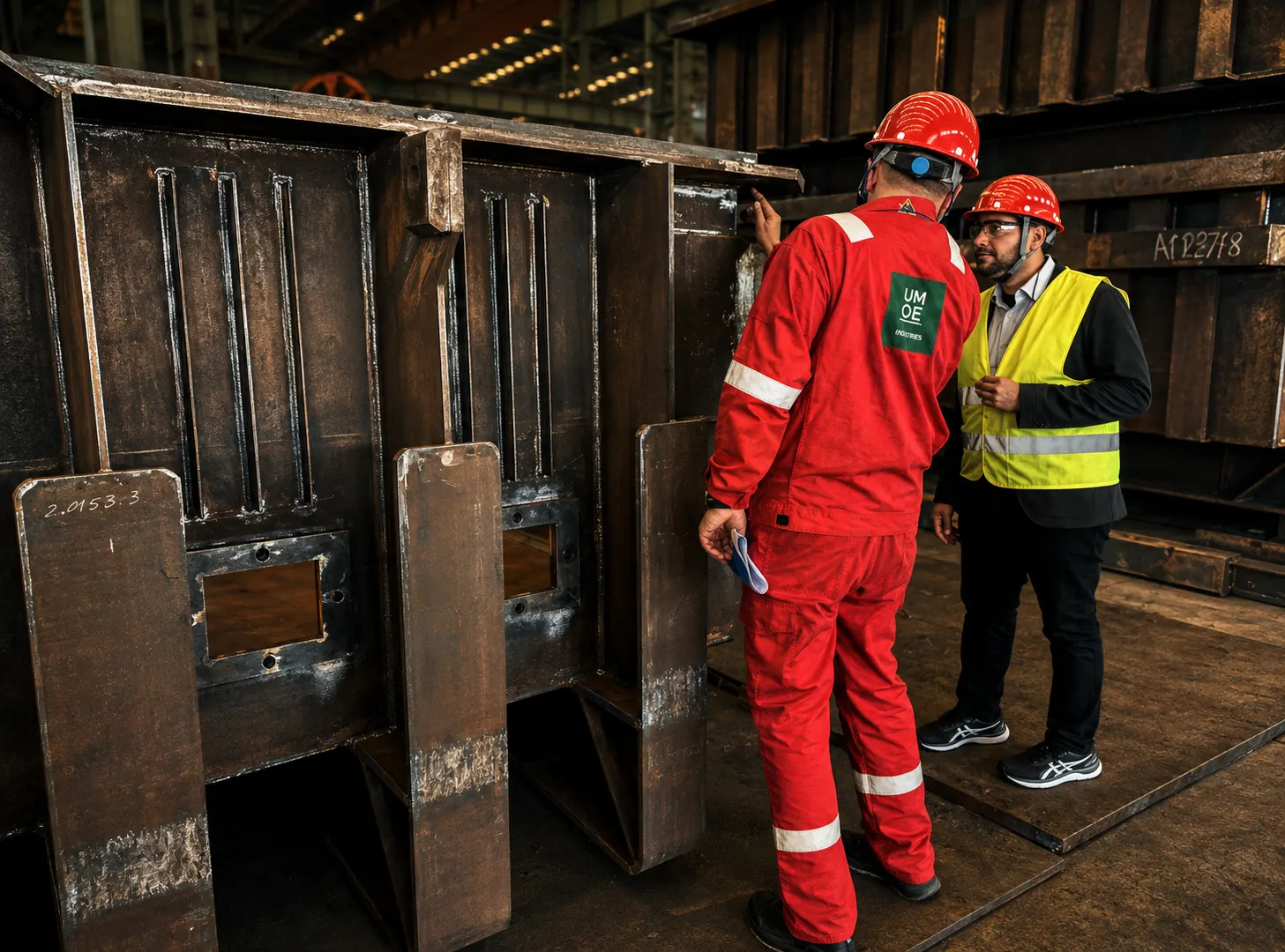 Umoe Industries inspector reviewing weld details on a cathode shell in the workshop