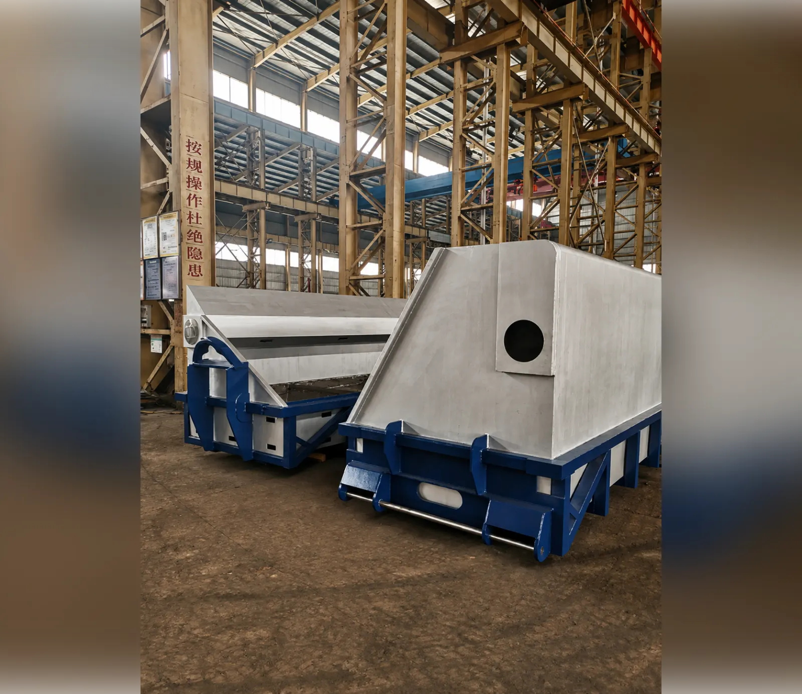 Fabricated hood sections on transport frames ready for shipment