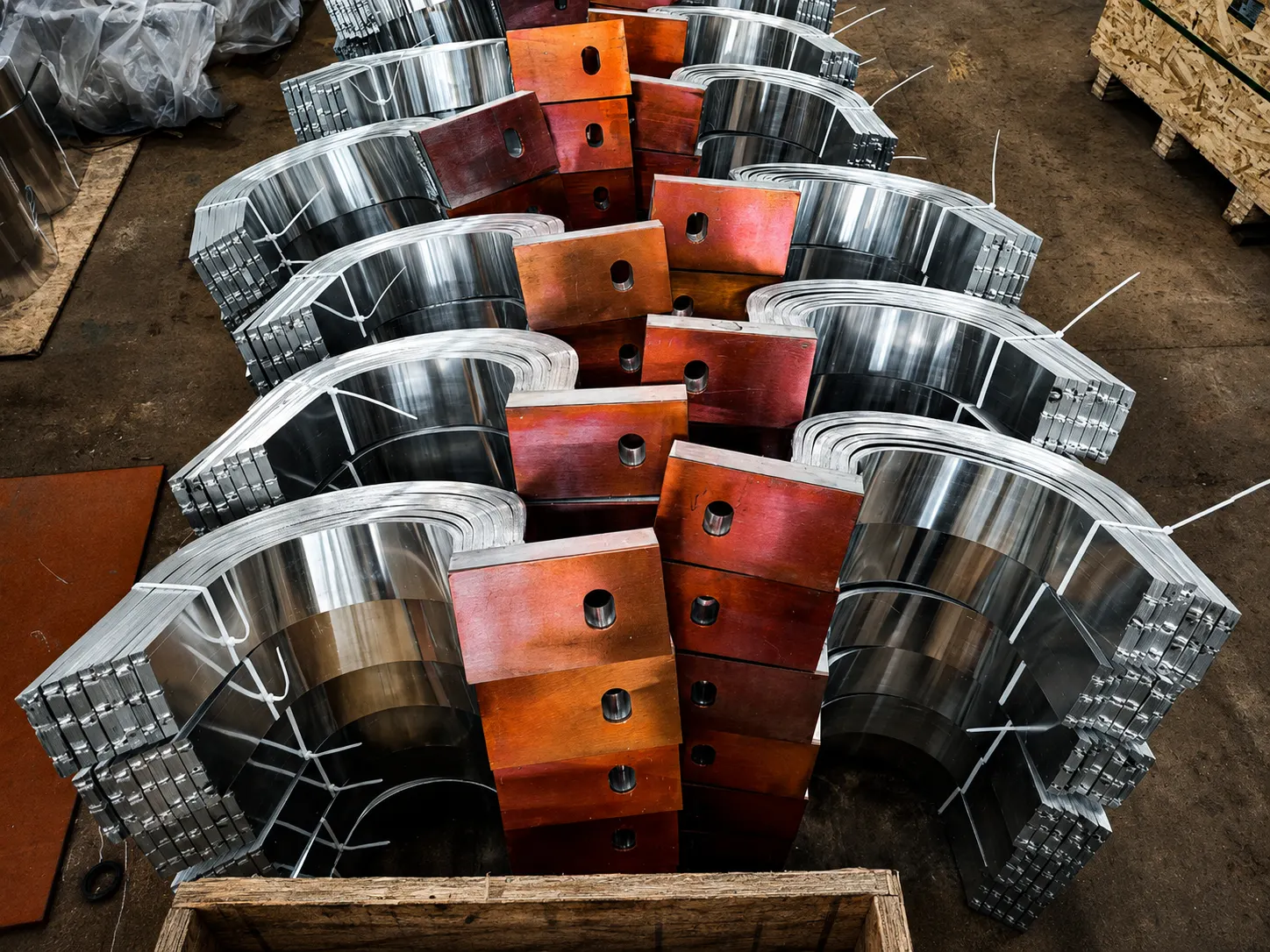 Rows of machined curved segments with copper blocks staged for delivery
