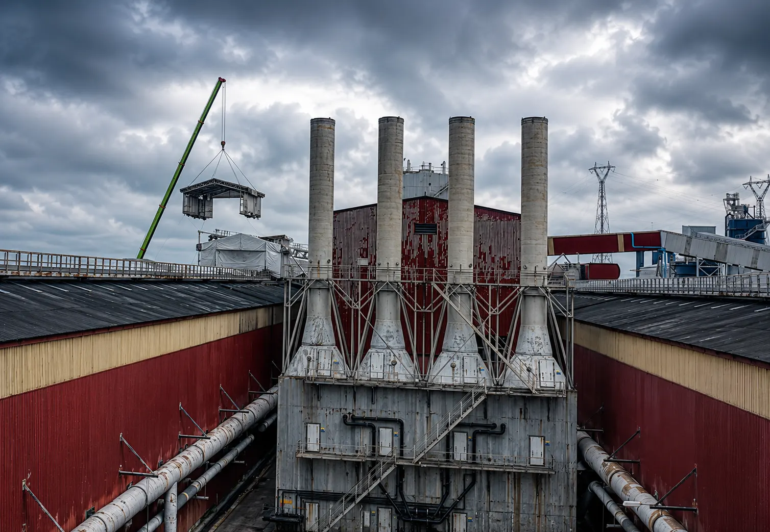 Crane lifting a module onto gas treatment centre stacks at an operating smelter