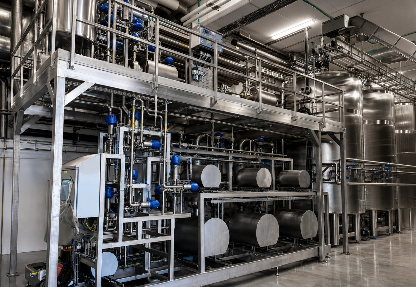 Stainless steel process plant with piping, valves and tanks