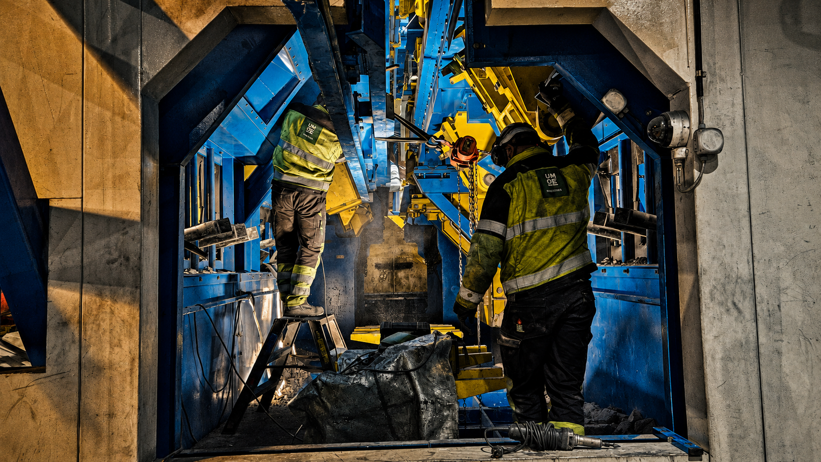 Umoe Industries crew rigging a chain hoist during shutdown work inside a conveyor housing