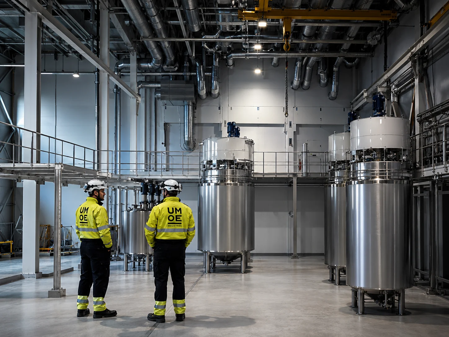 Umoe Industries crew inspecting stainless steel process tanks