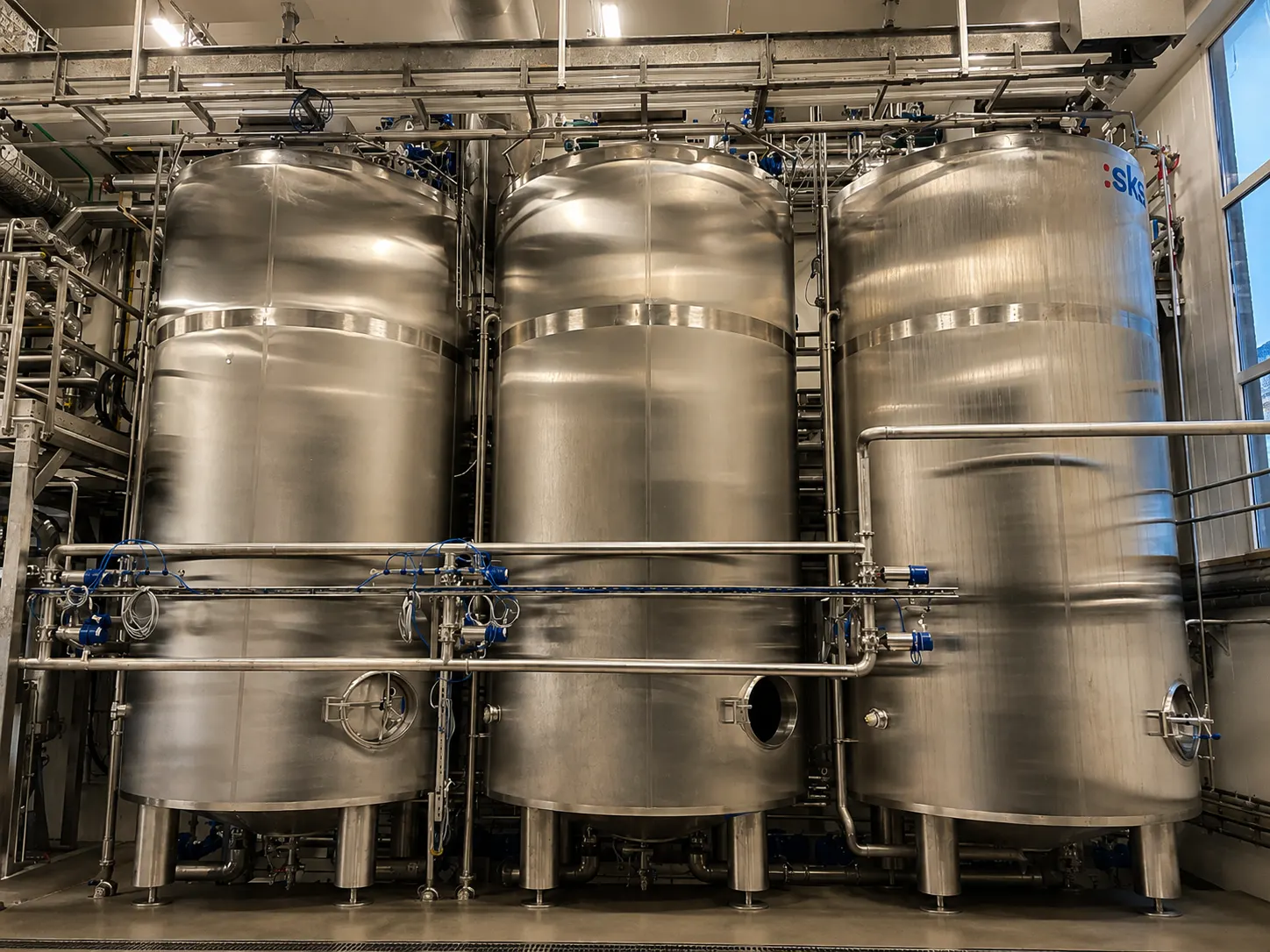 Stainless steel process tanks with piping, valves and instrumentation