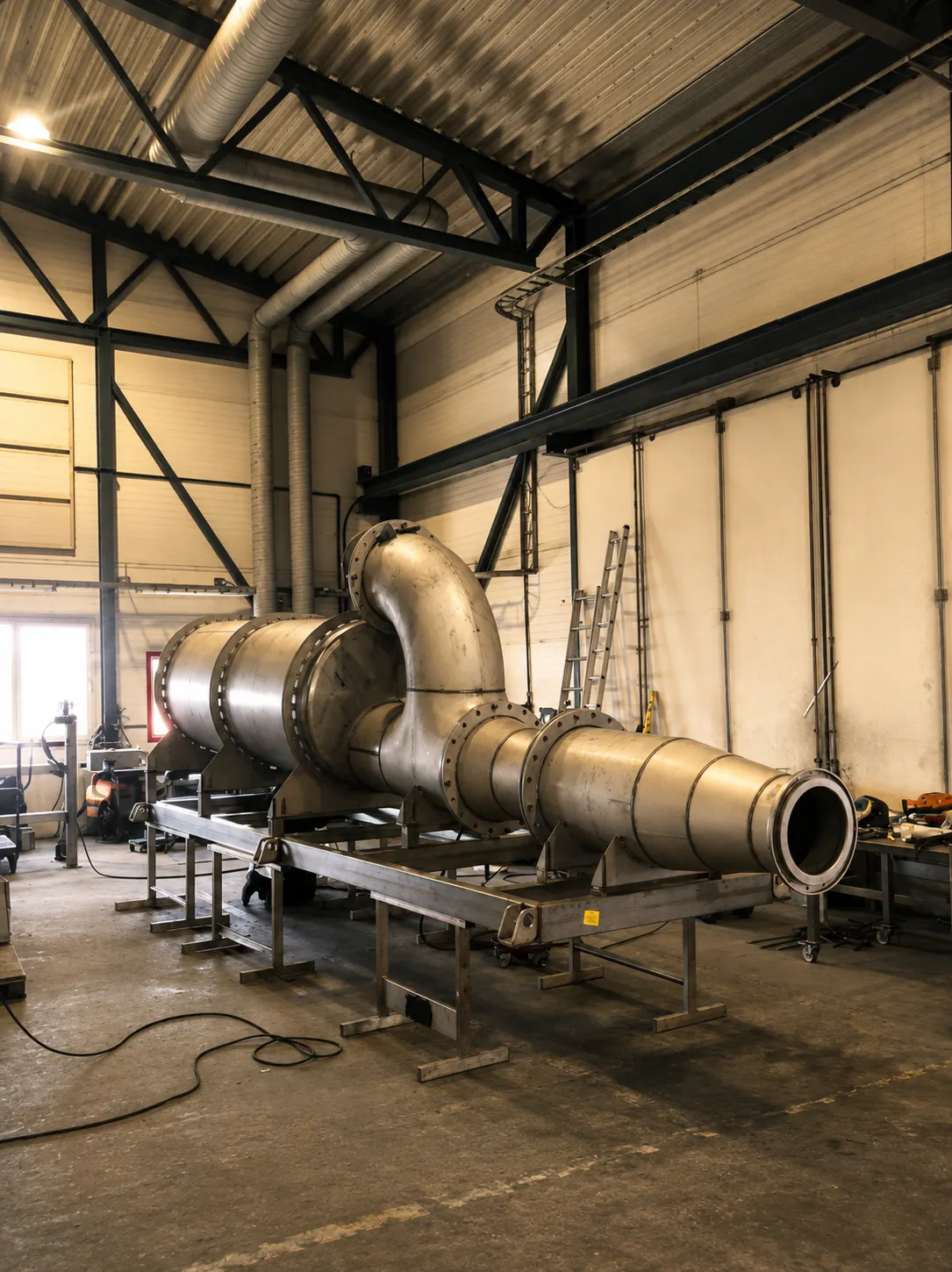 Large prefabricated stainless steel piping spool on support frames in the workshop