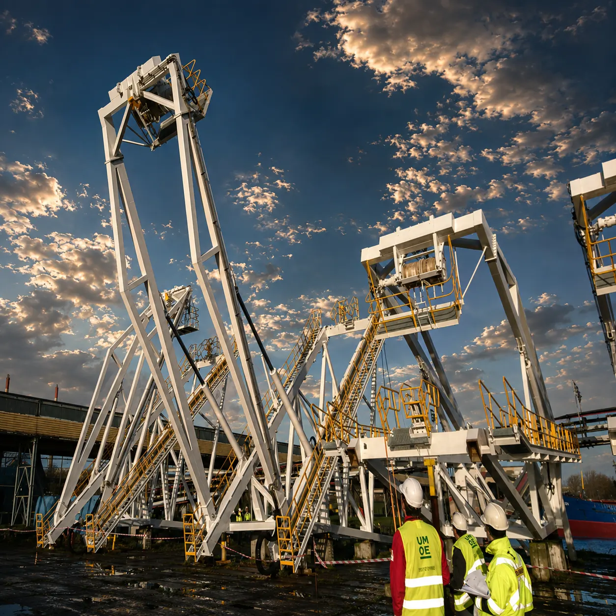Umoe Industries team reviewing completed davit structures at the yard