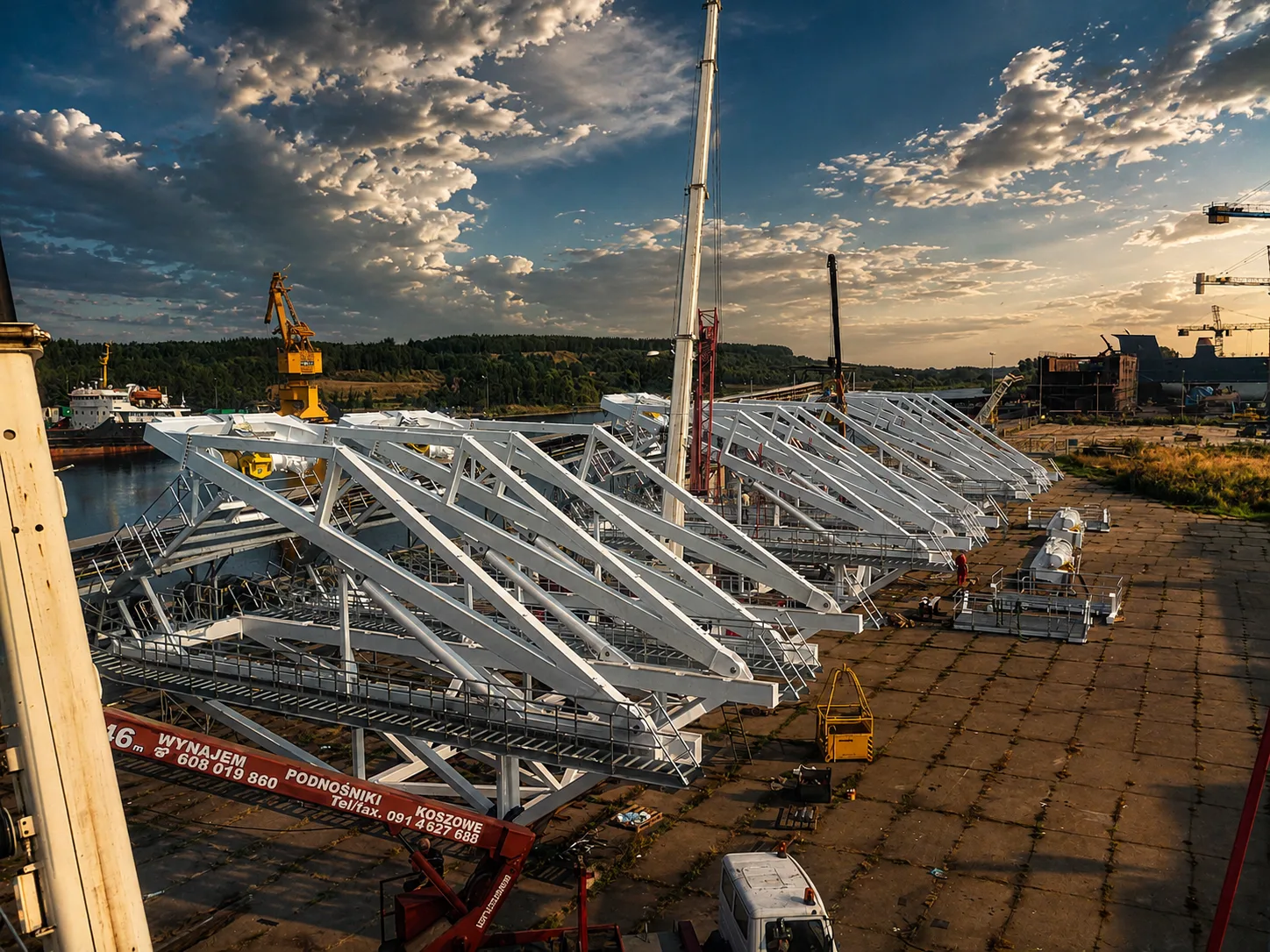 Davit and launch structures lined up on the quayside