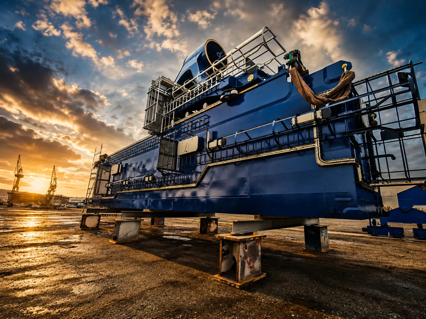 Large offshore structure at quayside at sunset