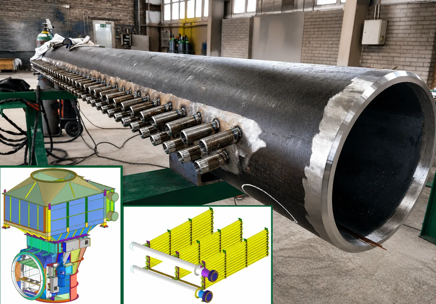 Welded pipe assembly on the shop floor alongside the client's 3D design models