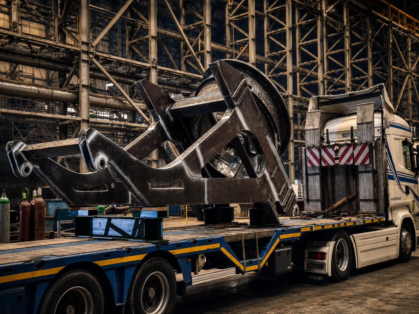 Fabricated steel structure loaded on a trailer for transport